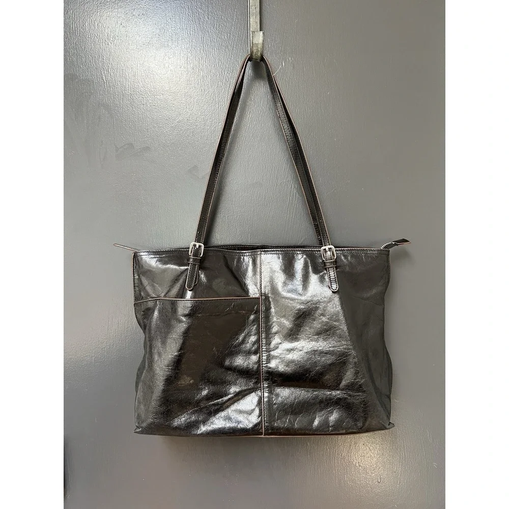 Hobo Polished Leather Shoulder Bag Tote Black Hobo International Purse